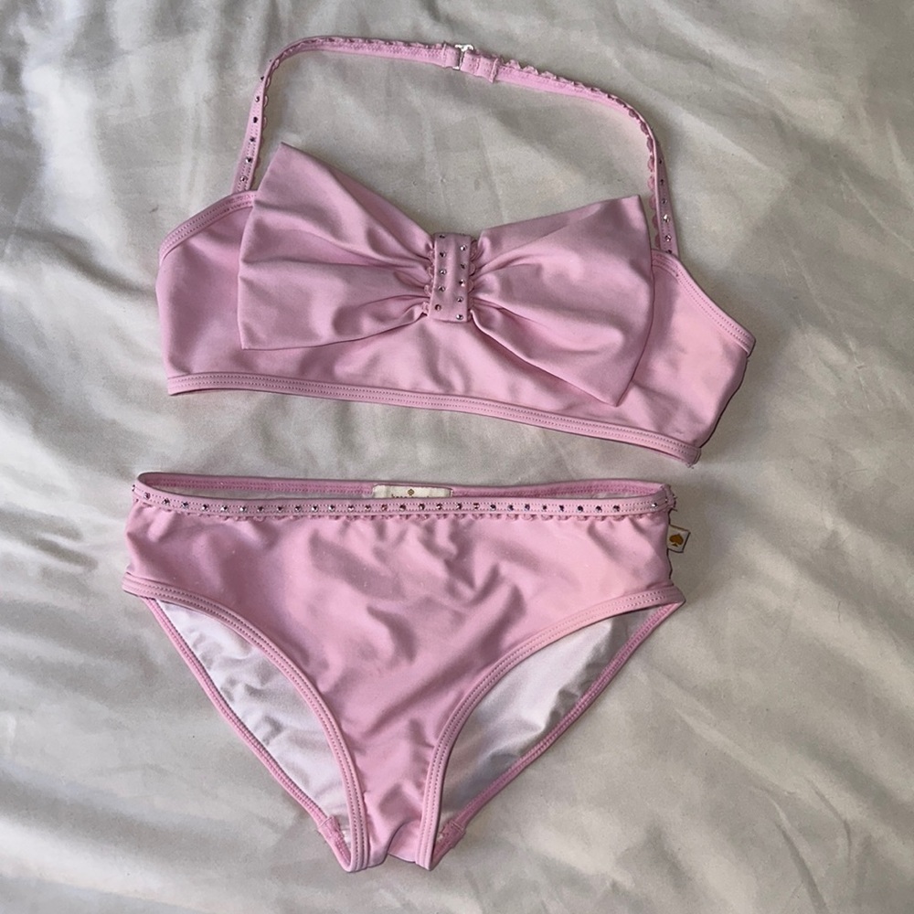 Kate Spade kids bubblegum pink bikini, rhinestone lining, bow on the front